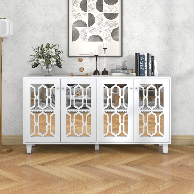 Buffet blanc design 4 portes miroir motif géométrique et poignées en cristal froid 160*40*84cm VOVRATH WHITE