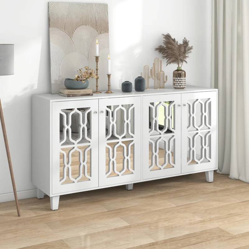 Buffet blanc design 4 portes miroir motif géométrique et poignées en cristal froid 160*40*84cm VOVRATH WHITE