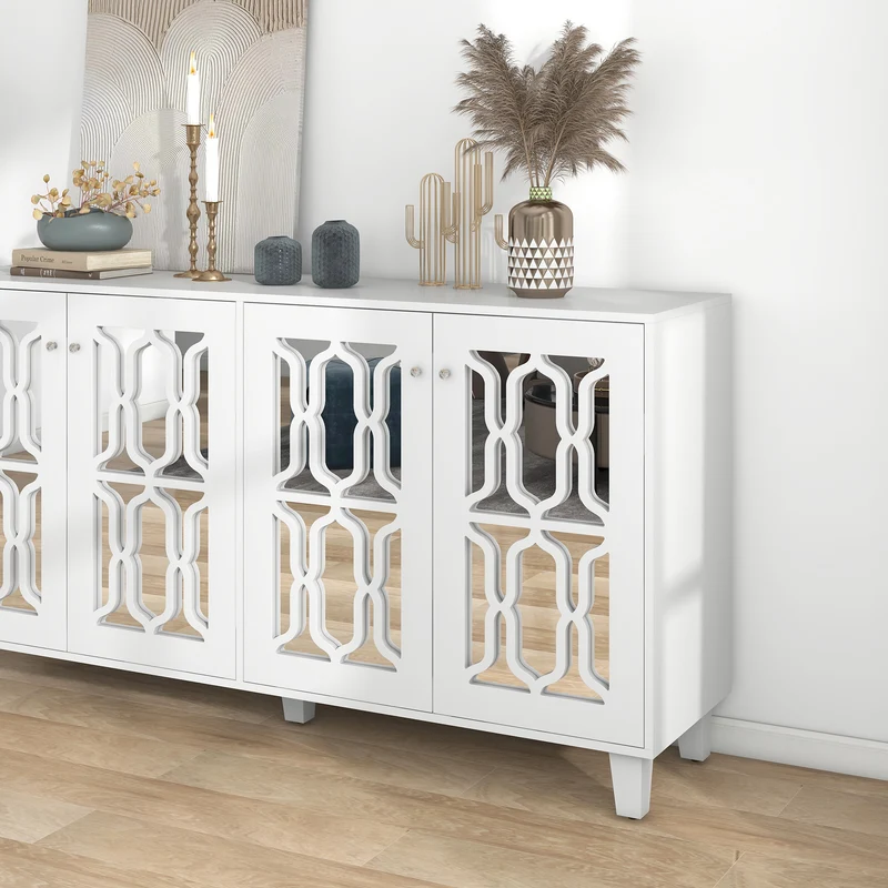 Buffet blanc design 4 portes miroir motif géométrique et poignées en cristal froid 160*40*84cm VOVRATH WHITE