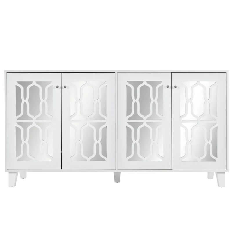 Buffet blanc design 4 portes miroir motif géométrique et poignées en cristal froid 160*40*84cm VOVRATH WHITE
