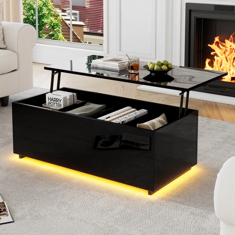 Table basse relevable noire brillante avec éclairage LED 100*50*35 cm OKRUITS BLACK