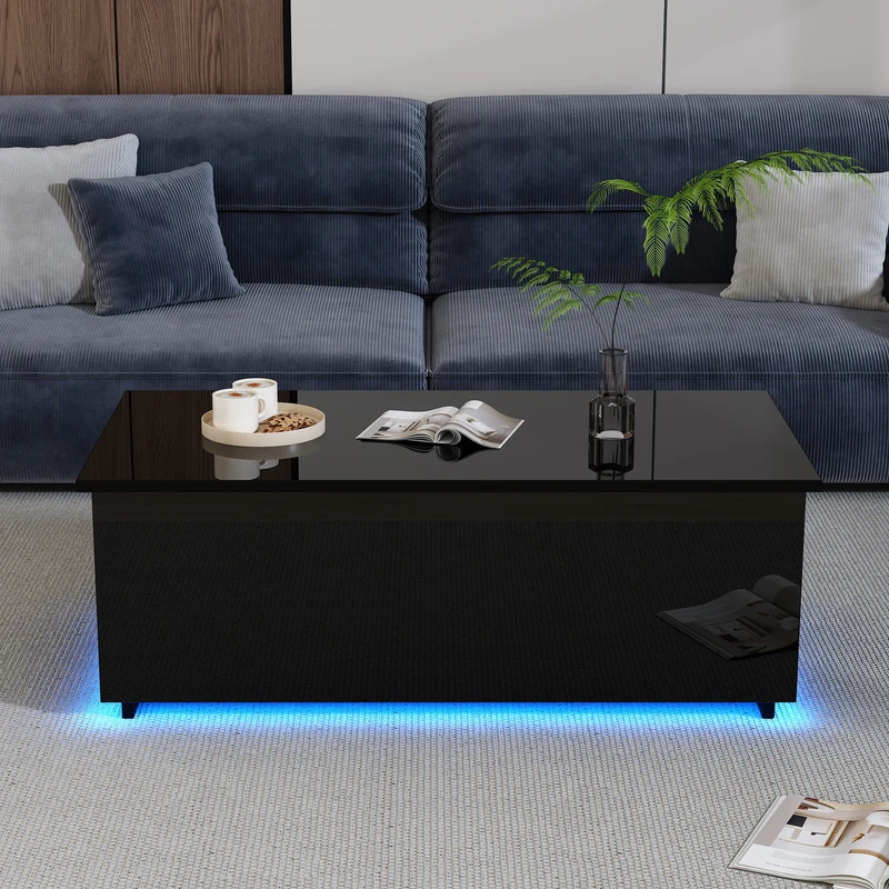 Table basse relevable noire brillante avec éclairage LED 100*50*35 cm OKRUITS BLACK