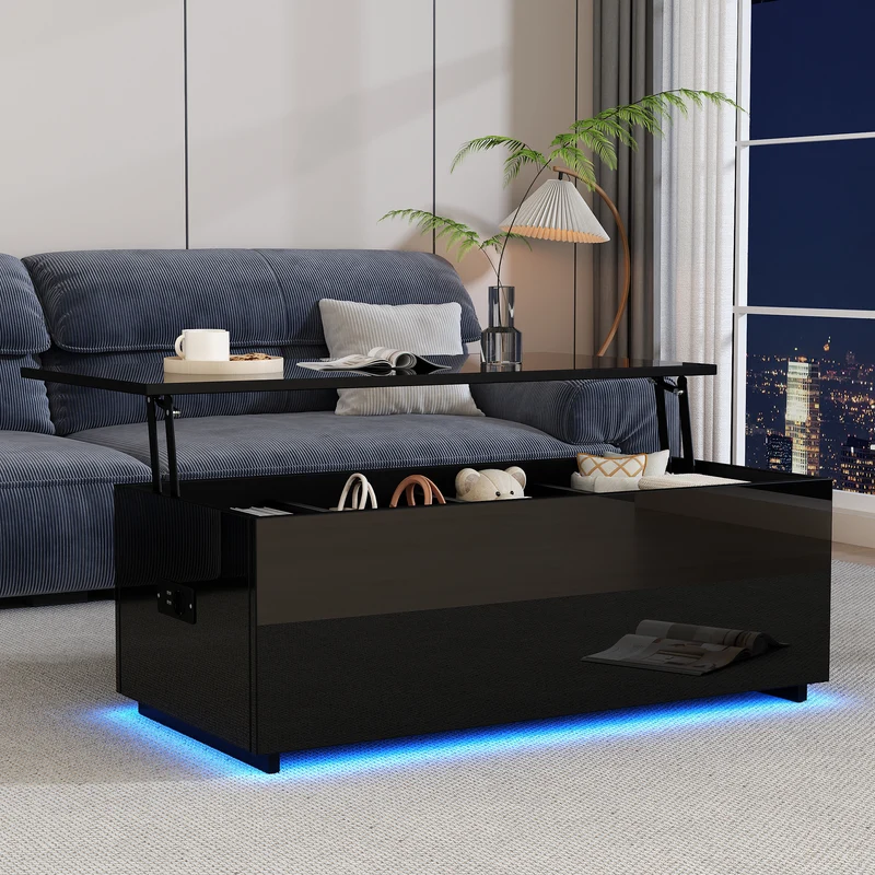 Table basse relevable noire brillante avec éclairage LED 100*50*35 cm OKRUITS BLACK