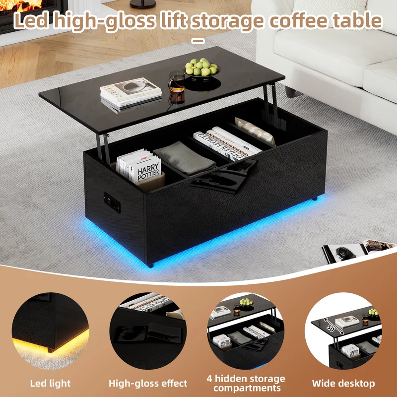 Table basse relevable noire brillante avec éclairage LED 100*50*35 cm OKRUITS BLACK
