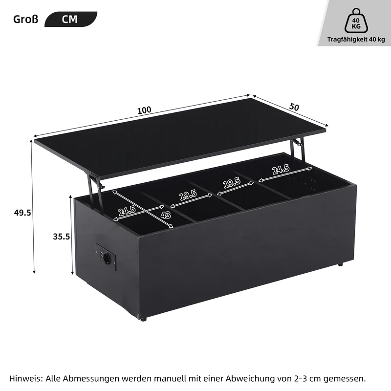Table basse relevable noire brillante avec éclairage LED 100*50*35 cm OKRUITS BLACK