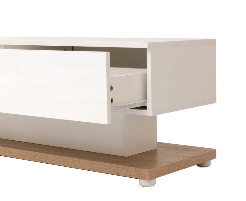 Meubles TV blanc brillant et bois vitrées et éclairage LED variable 170*36*38cm FASLASH