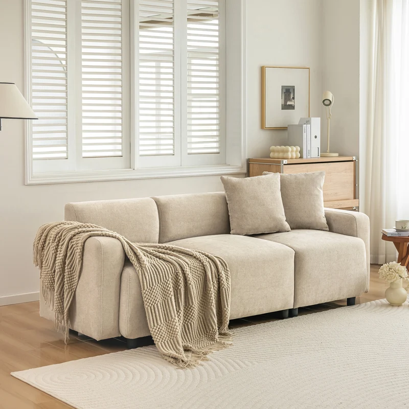 Canapé moderne rembourrés tissu chenille beige 3 places avec coussins SHIDADS BEIGE 3 SEATS