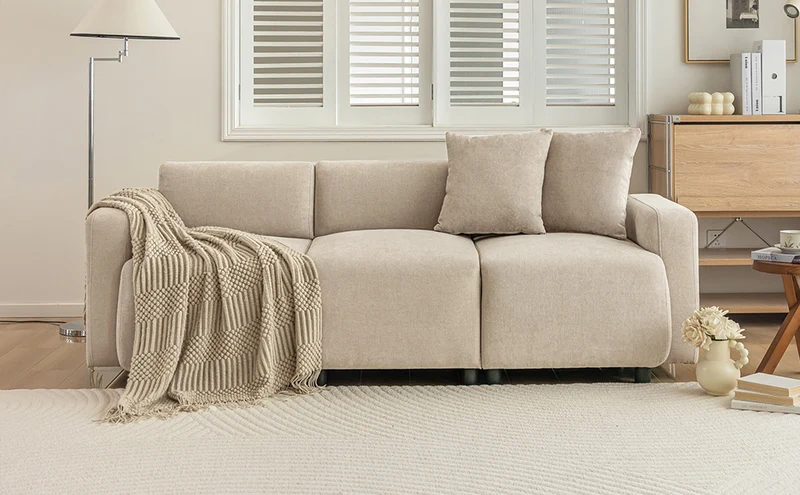 Canapé moderne rembourrés tissu chenille beige 3 places avec coussins SHIDADS BEIGE 3 SEATS