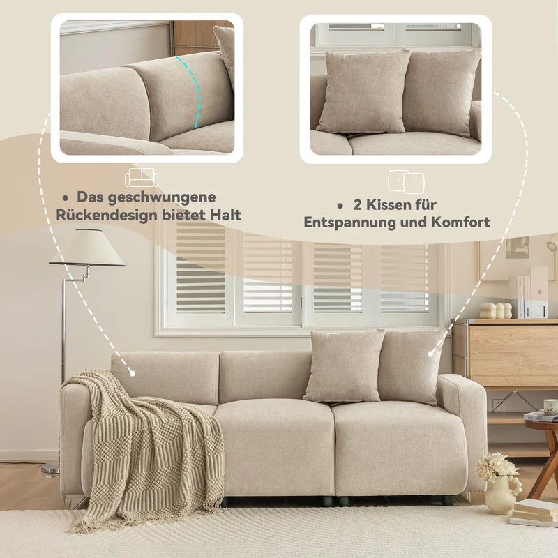 Canapé moderne rembourrés tissu chenille beige 3 places avec coussins SHIDADS BEIGE 3 SEATS