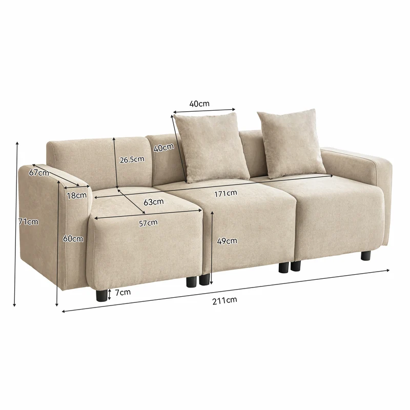 Canapé moderne rembourrés tissu chenille beige 3 places avec coussins SHIDADS BEIGE 3 SEATS