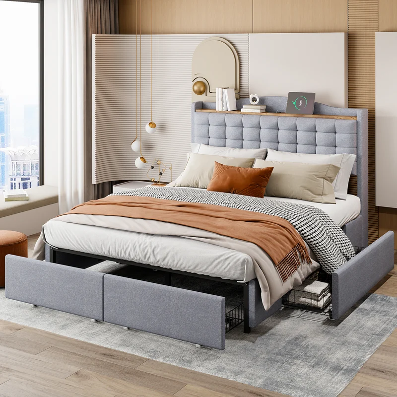 Lit double lin gris rembourré 4 tiroirs avec 2 prises USB (140*200 cm) EMPHUT LIGHT GREY DOUBLE