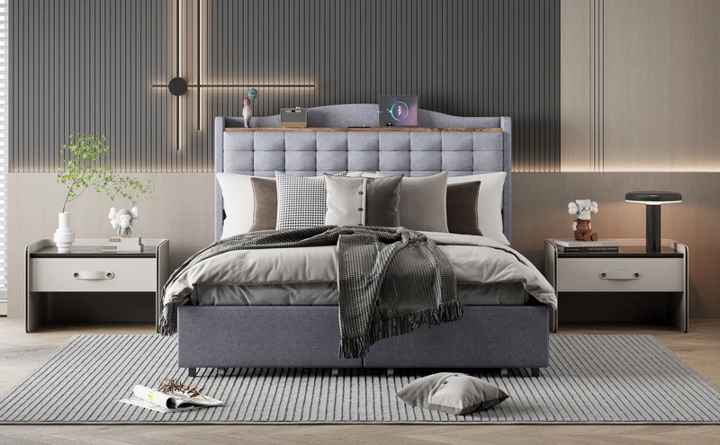 Lit double lin gris rembourré 4 tiroirs avec 2 prises USB (140*200 cm) EMPHUT LIGHT GREY DOUBLE