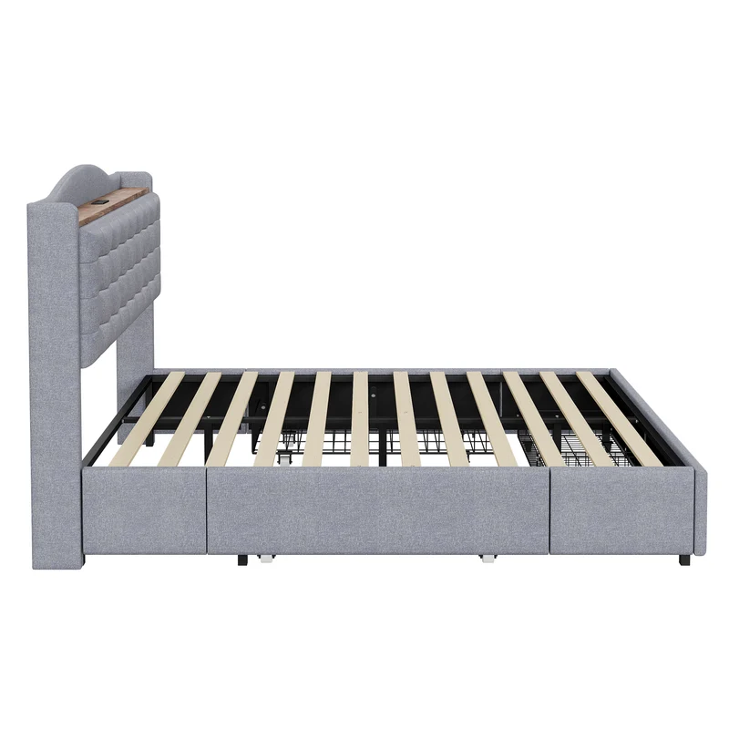 Lit double lin gris rembourré 4 tiroirs avec 2 prises USB (140*200 cm) EMPHUT LIGHT GREY DOUBLE
