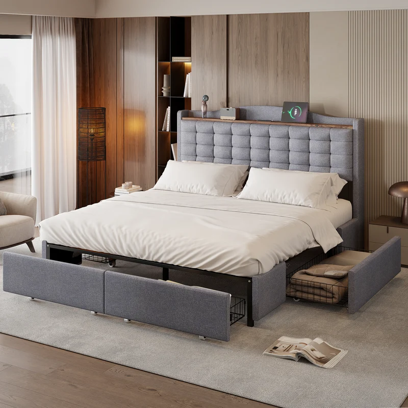 Lit king lin gris clair rembourré 4 tiroirs avec 2 prises USB (160*200 cm) EMPHUT LIGHT GREY KING