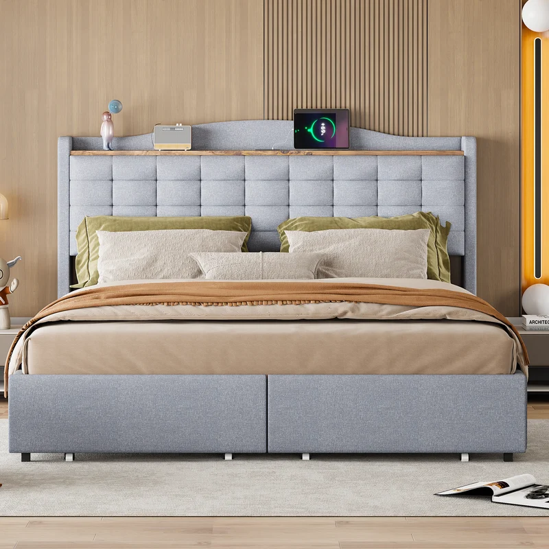 Lit king lin gris clair rembourré 4 tiroirs avec 2 prises USB (160*200 cm) EMPHUT LIGHT GREY KING