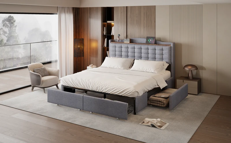 Lit king lin gris clair rembourré 4 tiroirs avec 2 prises USB (160*200 cm) EMPHUT LIGHT GREY KING