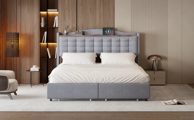 Lit king lin gris clair rembourré 4 tiroirs avec 2 prises USB (160*200 cm) EMPHUT LIGHT GREY KING