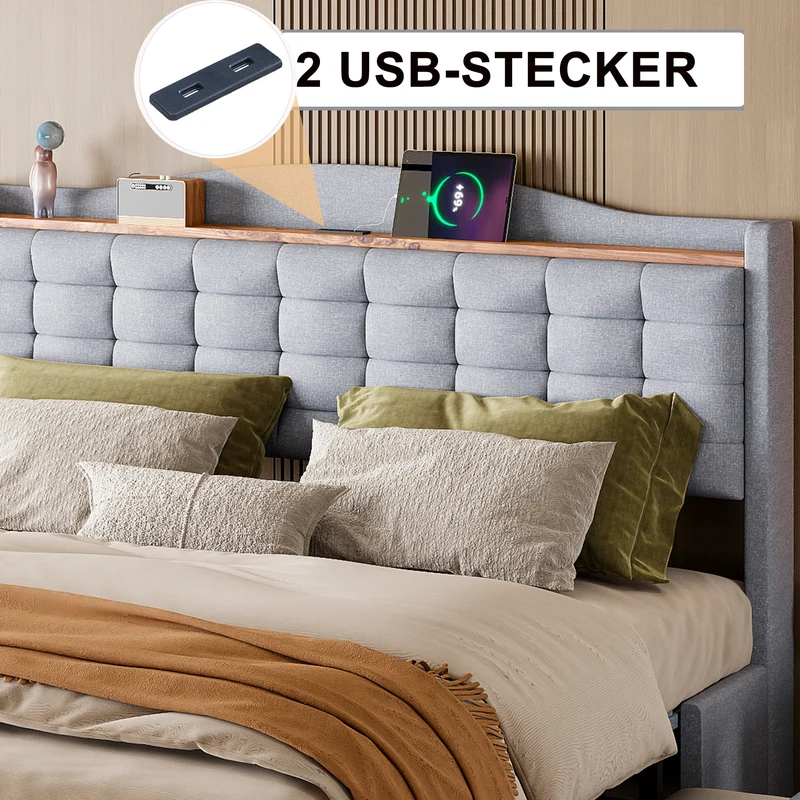 Lit king lin gris clair rembourré 4 tiroirs avec 2 prises USB (160*200 cm) EMPHUT LIGHT GREY KING