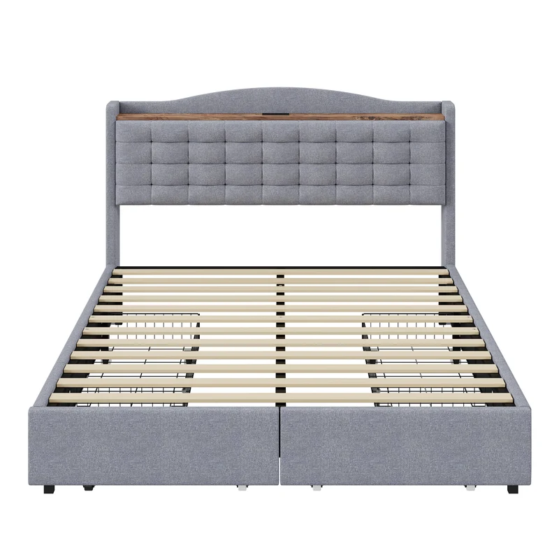 Lit king lin gris clair rembourré 4 tiroirs avec 2 prises USB (160*200 cm) EMPHUT LIGHT GREY KING
