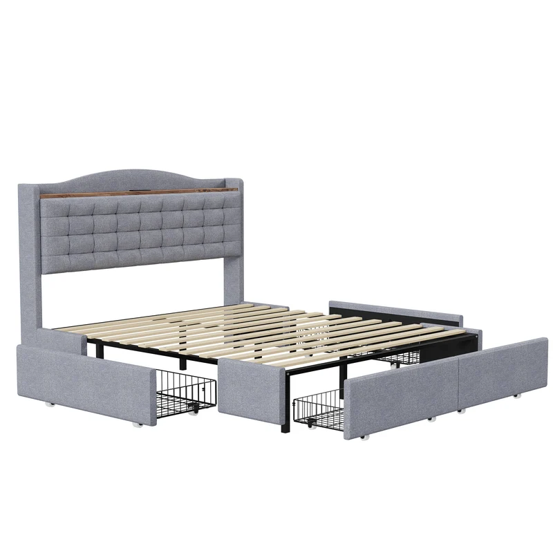 Lit king lin gris clair rembourré 4 tiroirs avec 2 prises USB (160*200 cm) EMPHUT LIGHT GREY KING