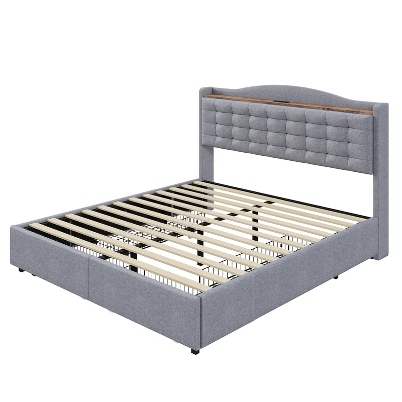 Lit king lin gris clair rembourré 4 tiroirs avec 2 prises USB (160*200 cm) EMPHUT LIGHT GREY KING