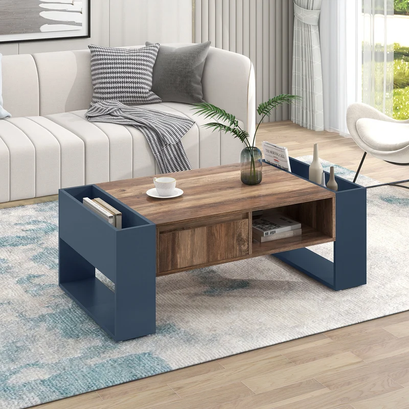Table basse effet bois 1 tiroir niche ouvert et rangement des 2 côtés anthracite XUGZOIRS