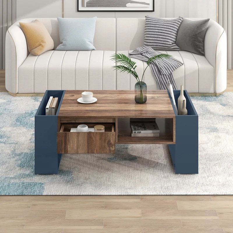 Table basse effet bois 1 tiroir niche ouvert et rangement des 2 côtés anthracite XUGZOIRS
