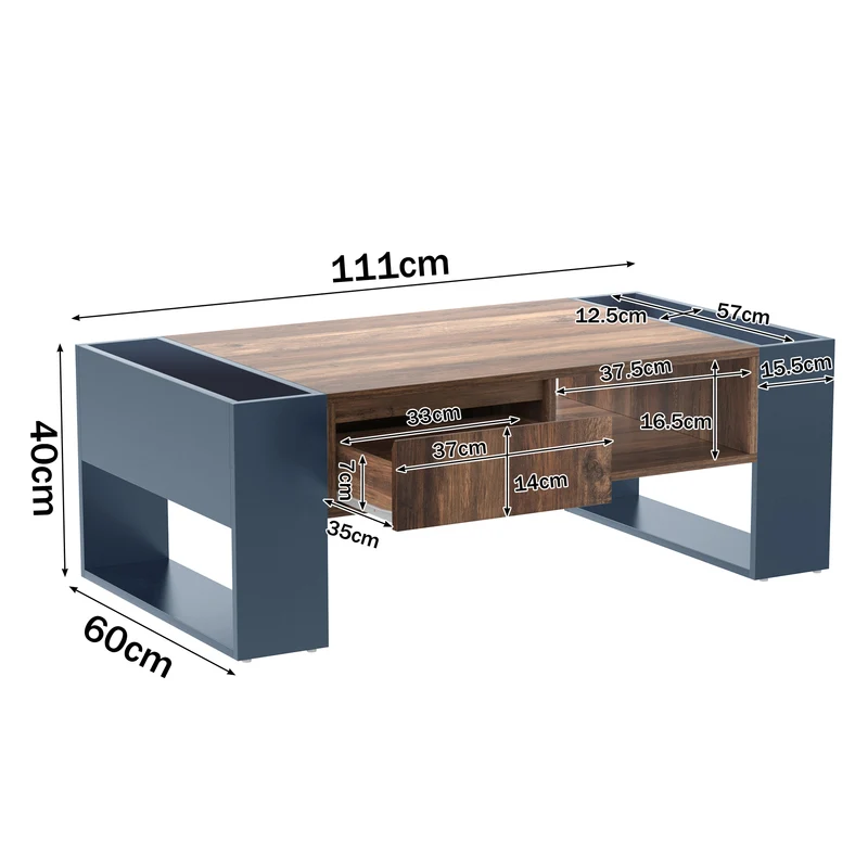 Table basse effet bois 1 tiroir niche ouvert et rangement des 2 côtés anthracite XUGZOIRS