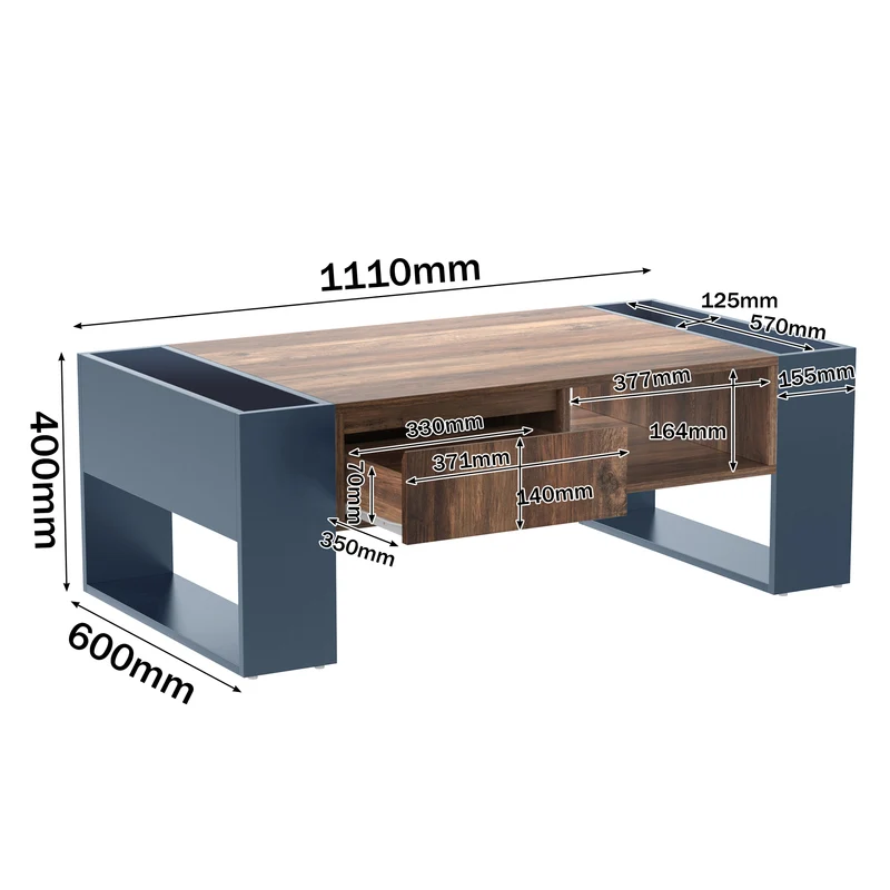 Table basse effet bois 1 tiroir niche ouvert et rangement des 2 côtés anthracite XUGZOIRS