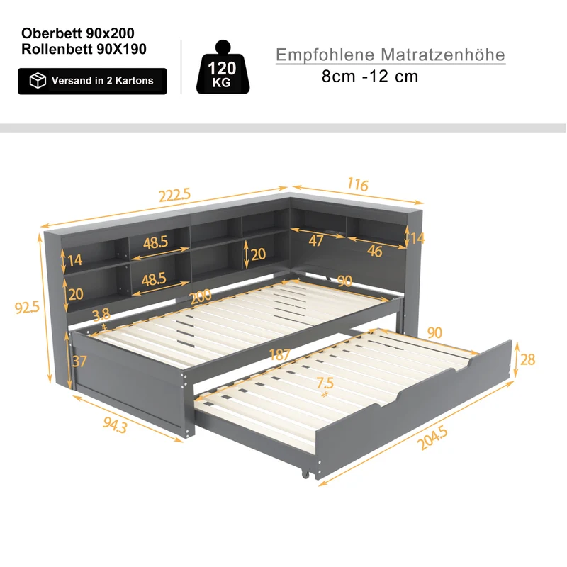 Lit gigogne bois massif gris 90*200 avec prise USB et multiples rangements GIRCAET