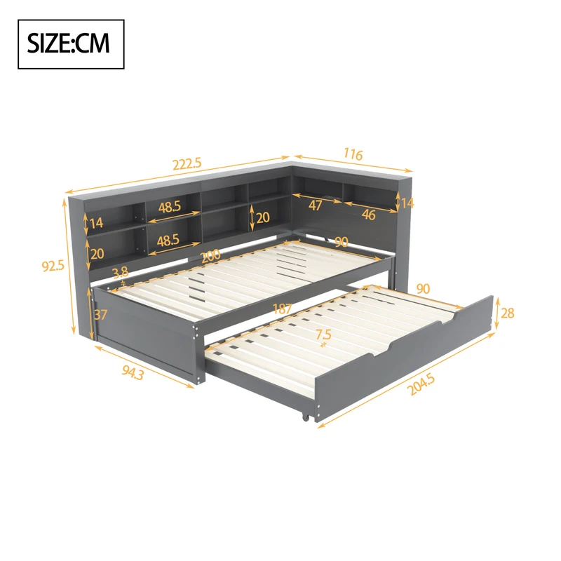 Lit gigogne bois massif gris 90*200 avec prise USB et multiples rangements GIRCAET