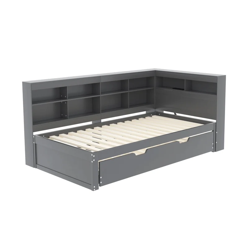 Lit gigogne bois massif gris 90*200 avec prise USB et multiples rangements GIRCAET