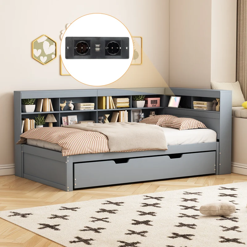 Lit gigogne bois massif gris 90*200 avec prise USB et multiples rangements GIRCAET