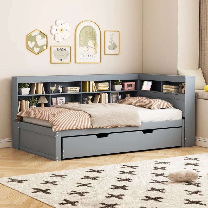 Lit gigogne bois massif gris 90*200 avec prise USB et multiples rangements GIRCAET