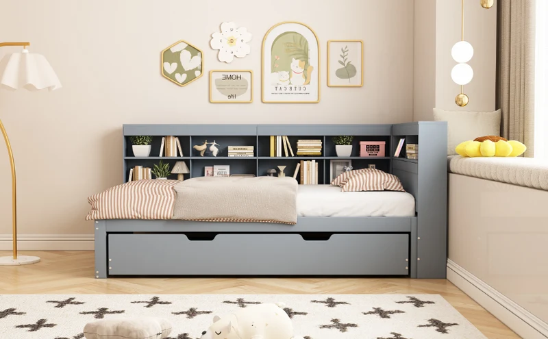 Lit gigogne bois massif gris 90*200 avec prise USB et multiples rangements GIRCAET