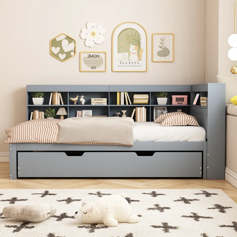 Lit gigogne bois massif gris 90*200 avec prise USB et multiples rangements GIRCAET
