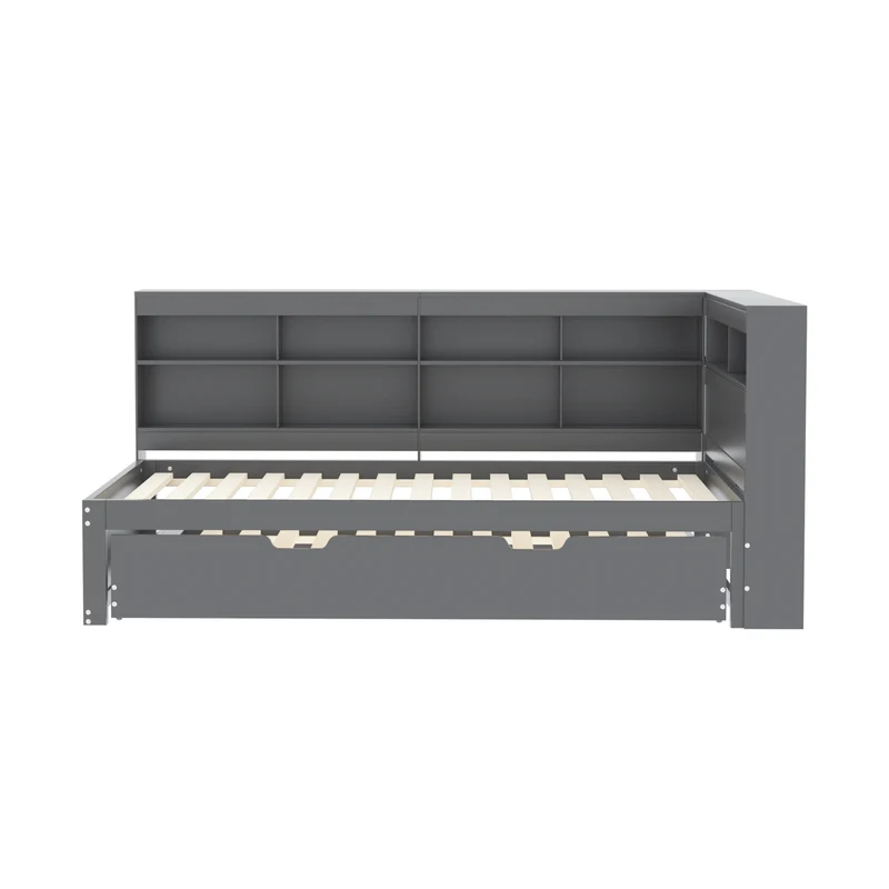 Lit gigogne bois massif gris 90*200 avec prise USB et multiples rangements GIRCAET