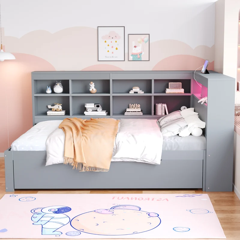 Ensemble lit double et étagère en bois massif gris 140*200cm, avec tiroirs, prise USB et bande lumineuse LED ANDRAD