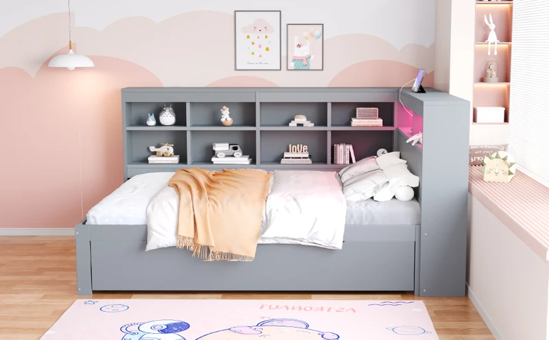 Ensemble lit double et étagère en bois massif gris 140*200cm, avec tiroirs, prise USB et bande lumineuse LED ANDRAD