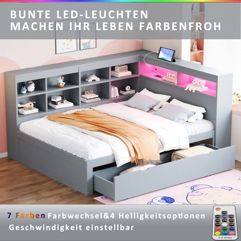 Ensemble lit double et étagère en bois massif gris 140*200cm, avec tiroirs, prise USB et bande lumineuse LED ANDRAD