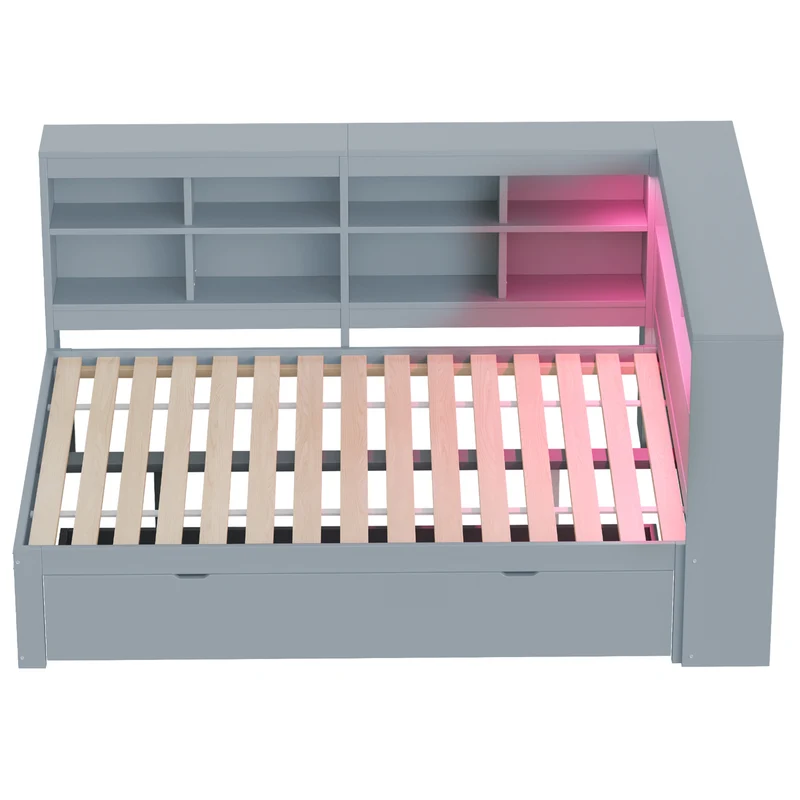 Ensemble lit double et étagère en bois massif gris 140*200cm, avec tiroirs, prise USB et bande lumineuse LED ANDRAD