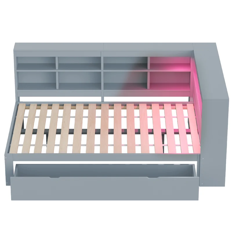 Ensemble lit double et étagère en bois massif gris 140*200cm, avec tiroirs, prise USB et bande lumineuse LED ANDRAD