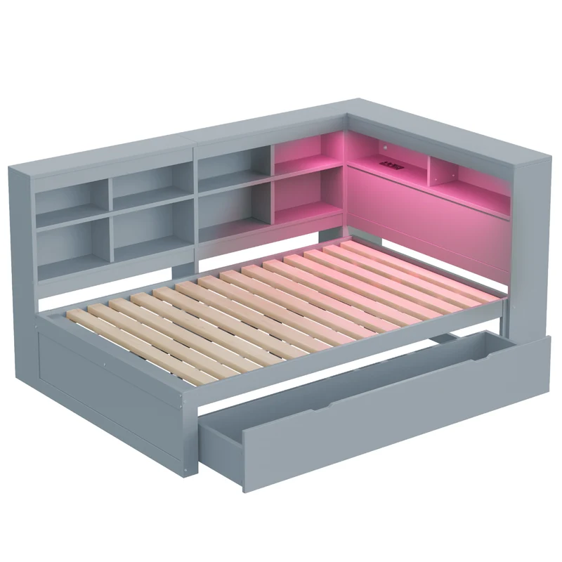 Ensemble lit double et étagère en bois massif gris 140*200cm, avec tiroirs, prise USB et bande lumineuse LED ANDRAD