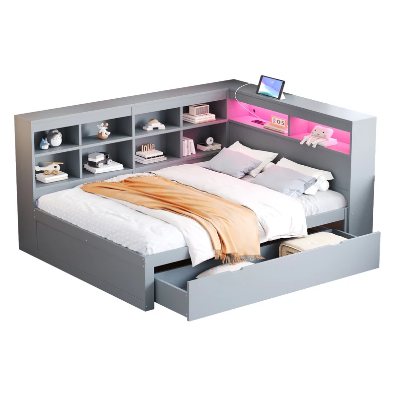 Ensemble lit double et étagère en bois massif gris 140*200cm, avec tiroirs, prise USB et bande lumineuse LED ANDRAD