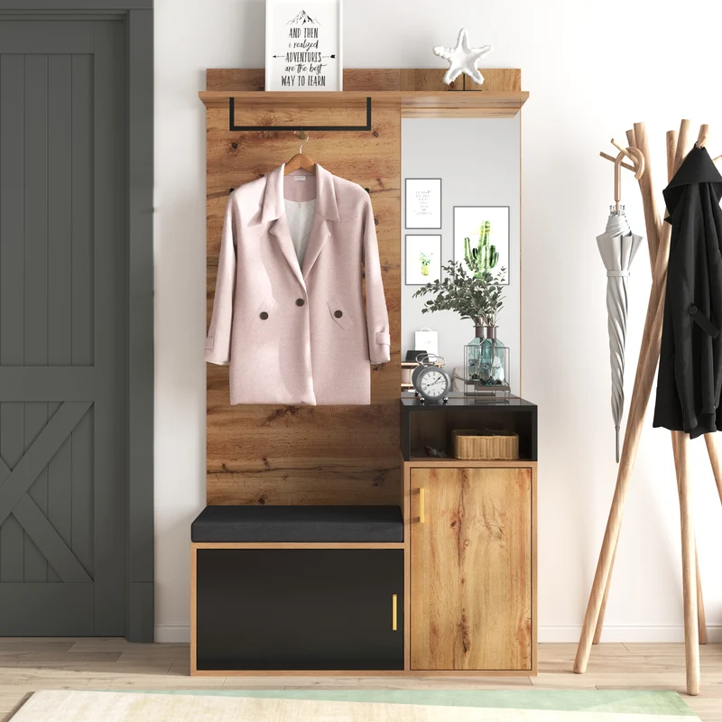 Vestiaire à l'entrée avec miroir, banc et meuble à chaussures, porte-manteau mural NAKS