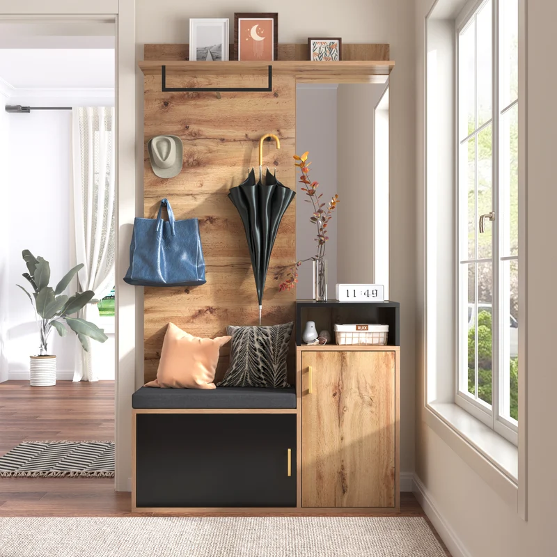 Vestiaire à l'entrée avec miroir, banc et meuble à chaussures, porte-manteau mural NAKS