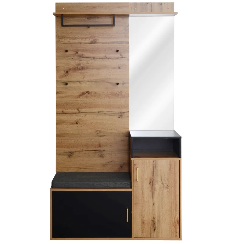 Vestiaire à l'entrée avec miroir, banc et meuble à chaussures, porte-manteau mural NAKS