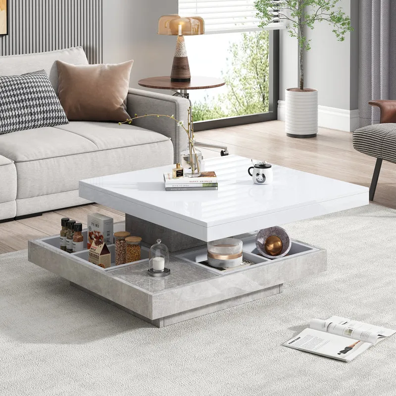 Table basse double plateau brillant pivotant à 360° en blanc et effet marbre grise clair 70*70cm ACHO