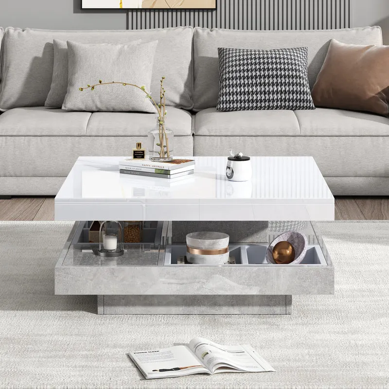 Table basse double plateau brillant pivotant à 360° en blanc et effet marbre grise clair 70*70cm ACHO