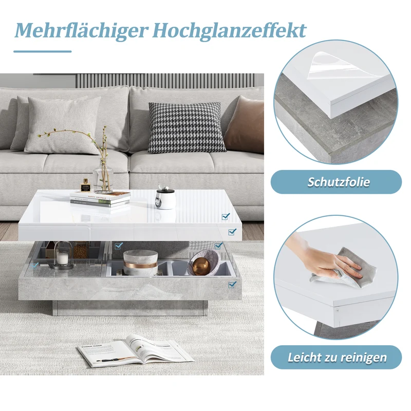 Table basse double plateau brillant pivotant à 360° en blanc et effet marbre grise clair 70*70cm ACHO